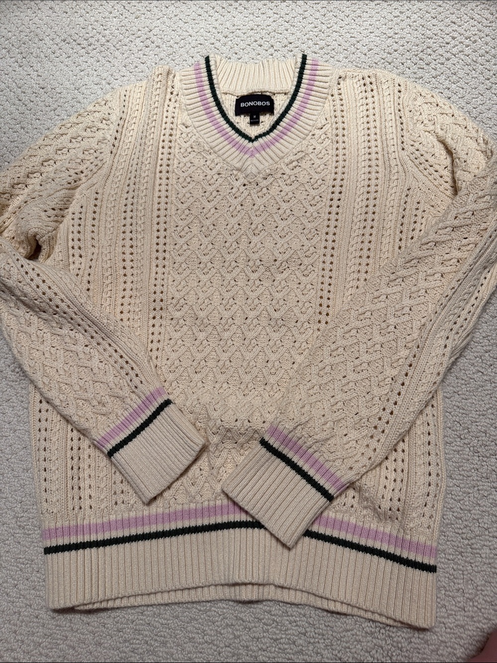 Bonobos Cream Cable Knit V-Neck Sweater with Pink & Black Trim